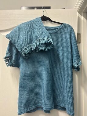 SHEIN Teal Knit Short-Sleeve Fringe Top and Shorts Set